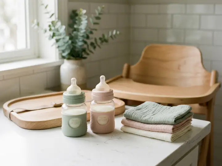 Glass baby bottles and folded burp cloths beside a wooden high chair