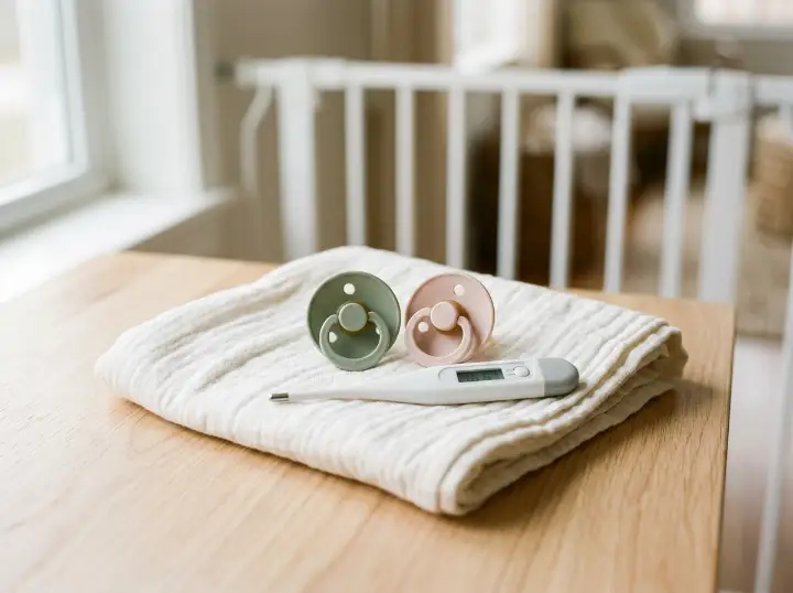 Two silicone pacifiers and a digital thermometer on a muslin cloth