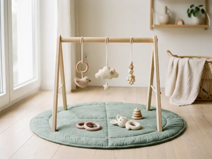 A wooden play gym with hanging toys over a round sage play mat