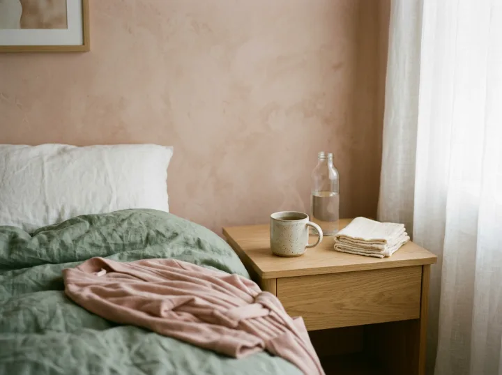 A calm bedside nook with a mug of tea, folded soft cloths and a blush robe on a sage duvet